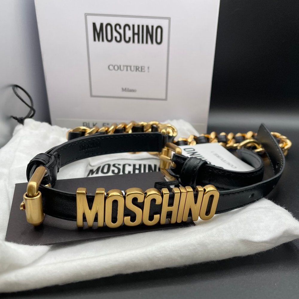 Moschino Black Leather Logo Chain Belt